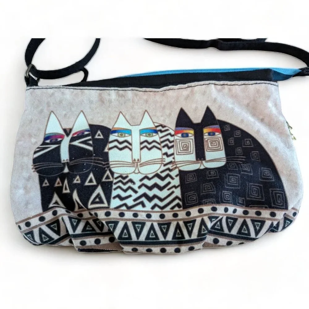 Wild Cats Laurel Burch Small Canvas Cross-Body Tote Bag Fun Crazy Cat Lady EUC
